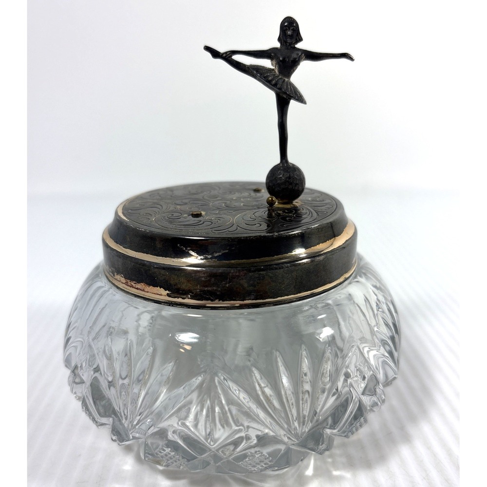 Vintage German Reuge Music Box Silver Plated Ballerina Cut Glass Dresser Jar